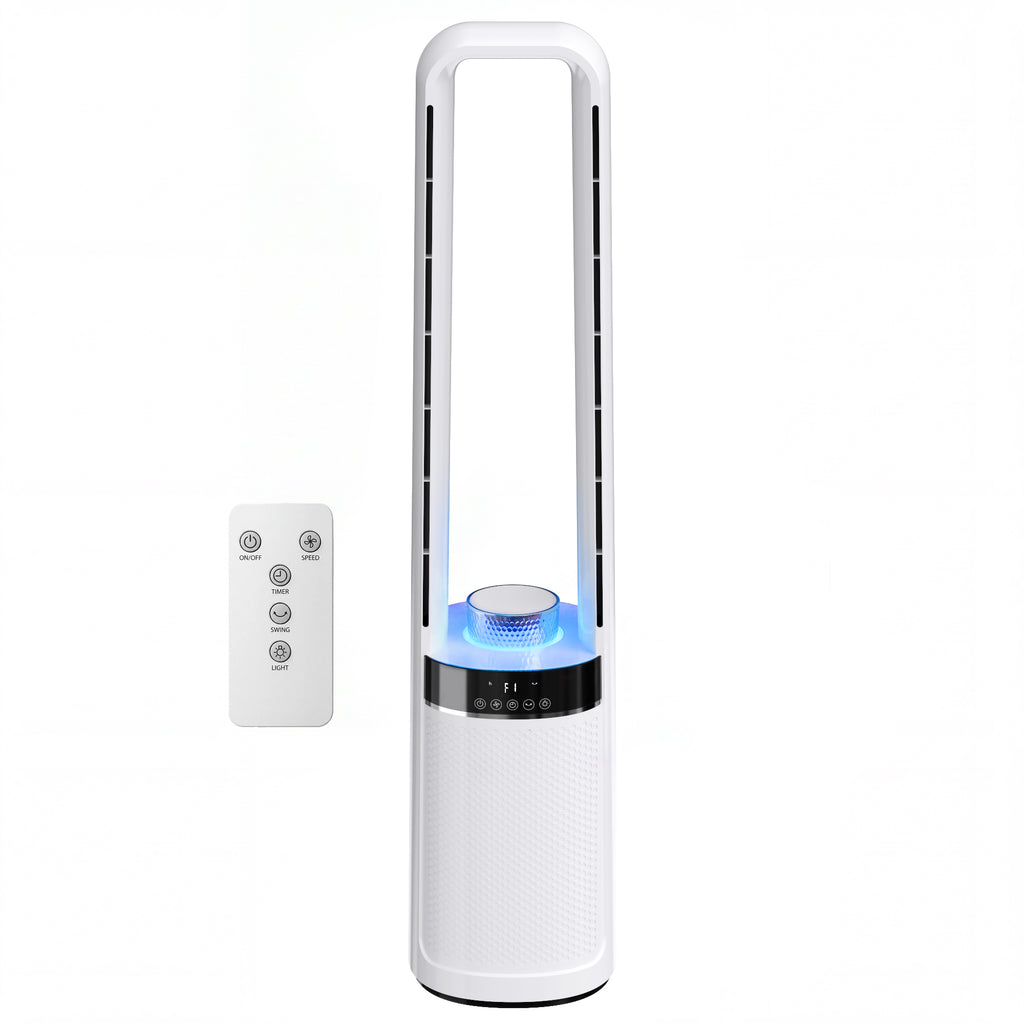 Turmventilator ohne Rotorblätter, mit 45° Oszillation, LED-Licht, 3 Geschwindigkeiten, 12-Std.-Timer, Fernbedienung