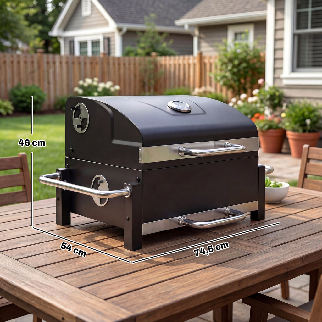 Holzkohlegrill aus Stahl tragbarer BBQ Smoker mit Deckel verstellbare Lüftung zweistufige Kohlepfanne Thermometer