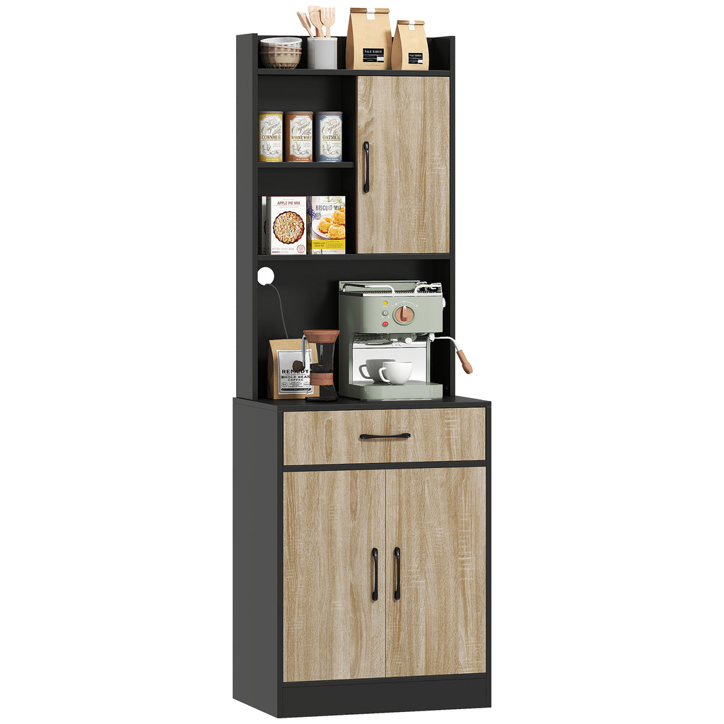 K¨¹chenschrank mit Arbeitsfl?che und Kabelloch, moderne K¨¹chenkommode mit Schublade, 3 offene Regale, Naturholz, Schwarz