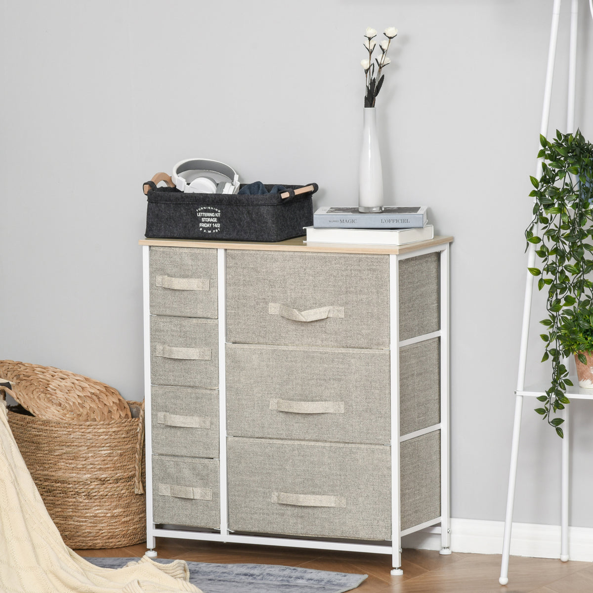 Kommode, Sideboard, 7 faltbare Stoffschubladen, Metallgestell, 63,5 x 30 x 71 cm, Hellgrau