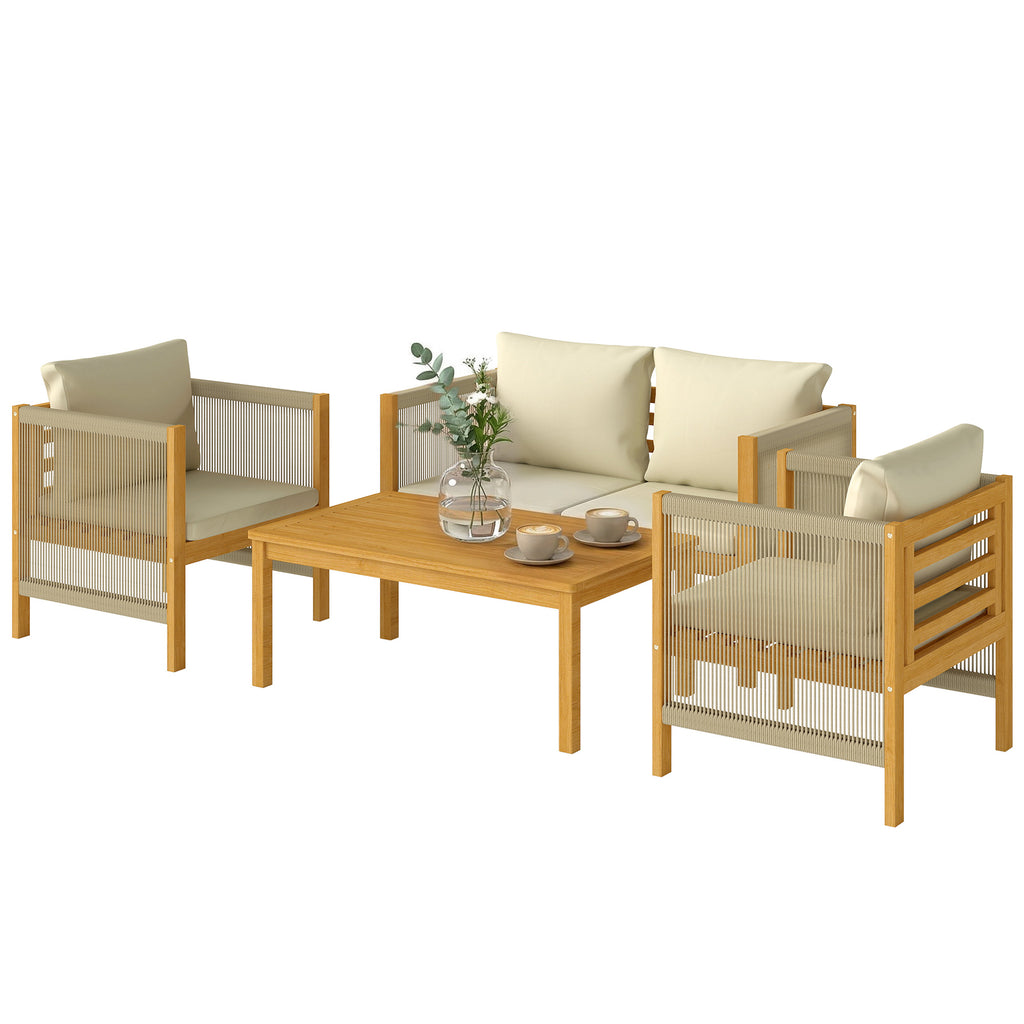 Gartenmöbel Set Holz Sitzgruppe für 4 Personen mit 2er Sofa 2 Sessel Tisch Seilflecht Lamellendesign waschbar Kissen