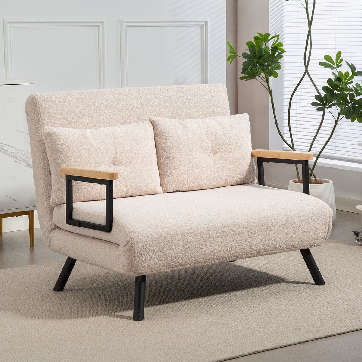 Schlafsofa 2er-Sofa Samtsofa, Schlaffunktion, inkl. 2 Kissen, Samtoptik, Natur + Beige + Schwarz