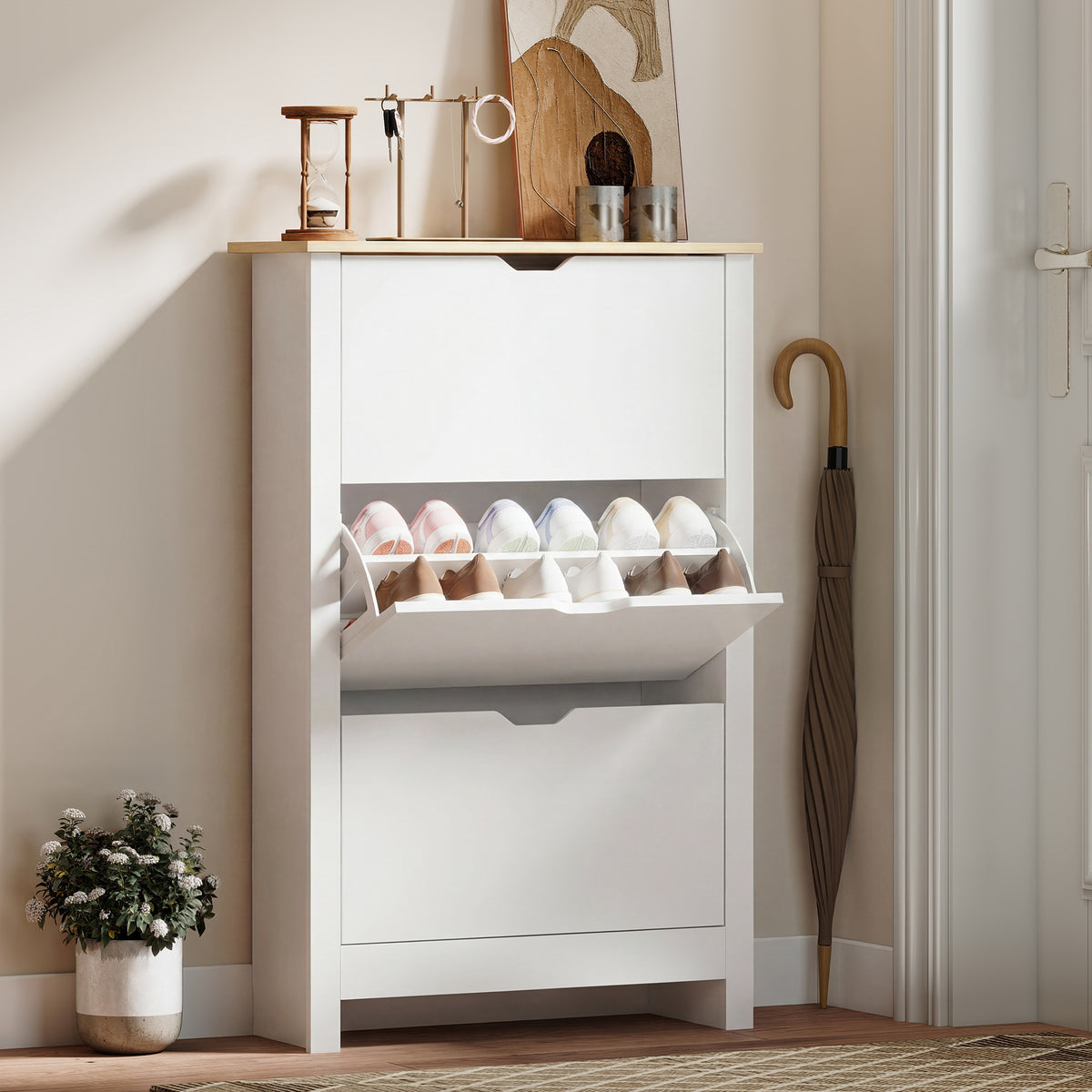 Schuhschrank Schruhregal Schuhaufbewahrung, 3 Fächer, 18 Paar Schuhe, 72 cm x 26 cm x 112 cm, Weiß + Braun