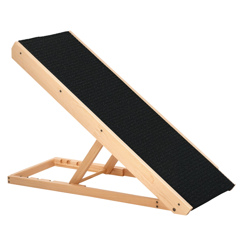 Hunderampe für Bett und Couch Faltbar Haustierrampe mit 4 Einstellbare Höhe von 26 bis 61 cm, Anti-Rutsch-Pad 90 cm Hundetreppe für großen Hund unter 40 kg Schwarz+Naturholz