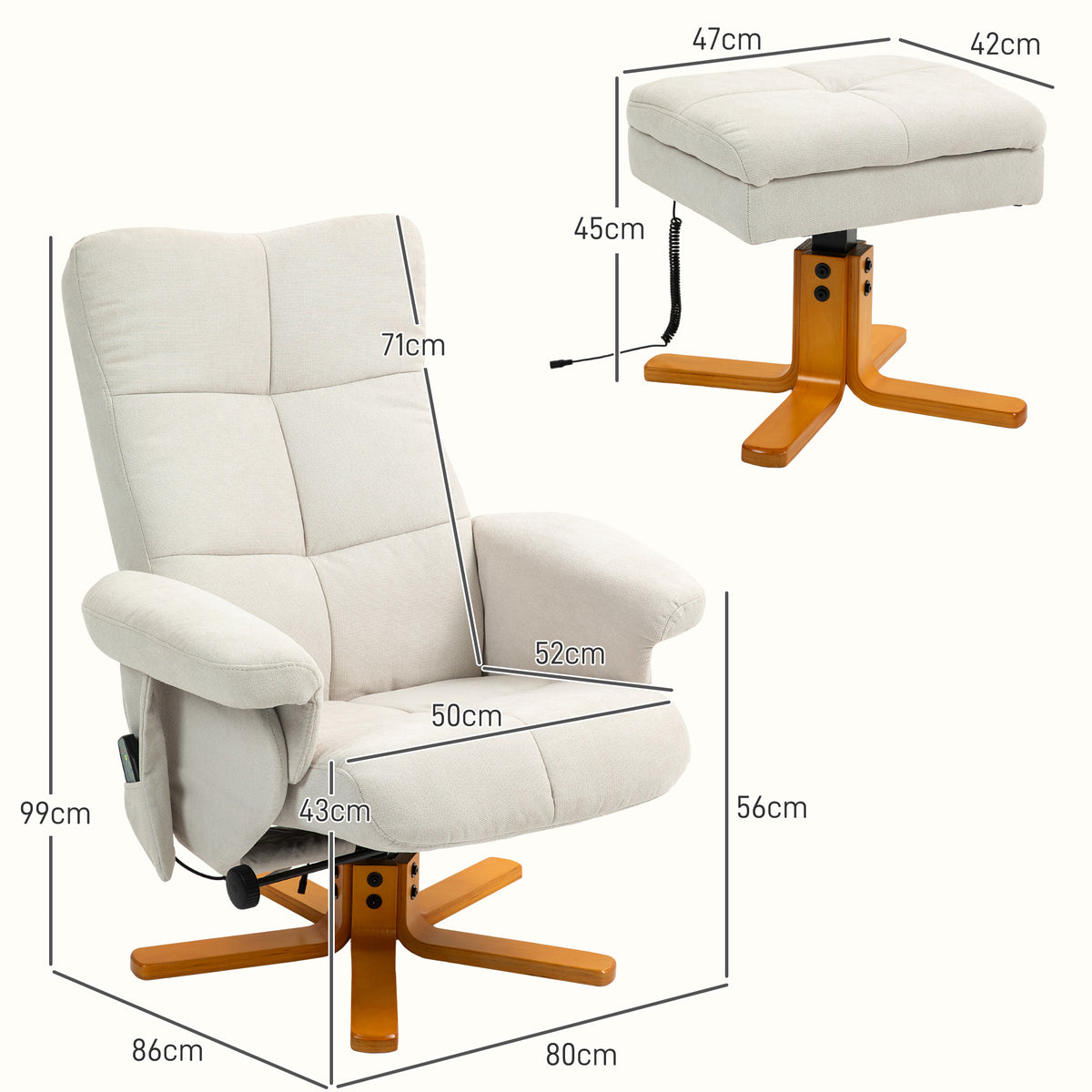 Massagesessel mit Liegefunktion und Fu?hocker, 145¡ã-Neigung, Polyester, 80 x 86 x 99 cm, Cremewei?