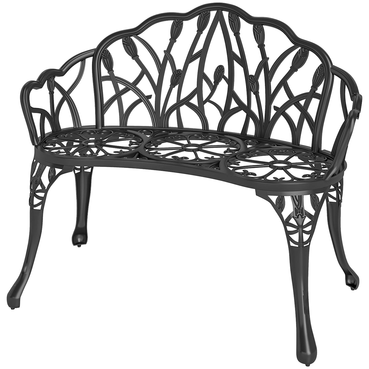 Gartenbank 2-Sitzer Gussaluminium wetterfest Outdoor Sitzbank mit Tulpen-Rückenlehne Blumenmotiv 99 x 57 x 78 cm
