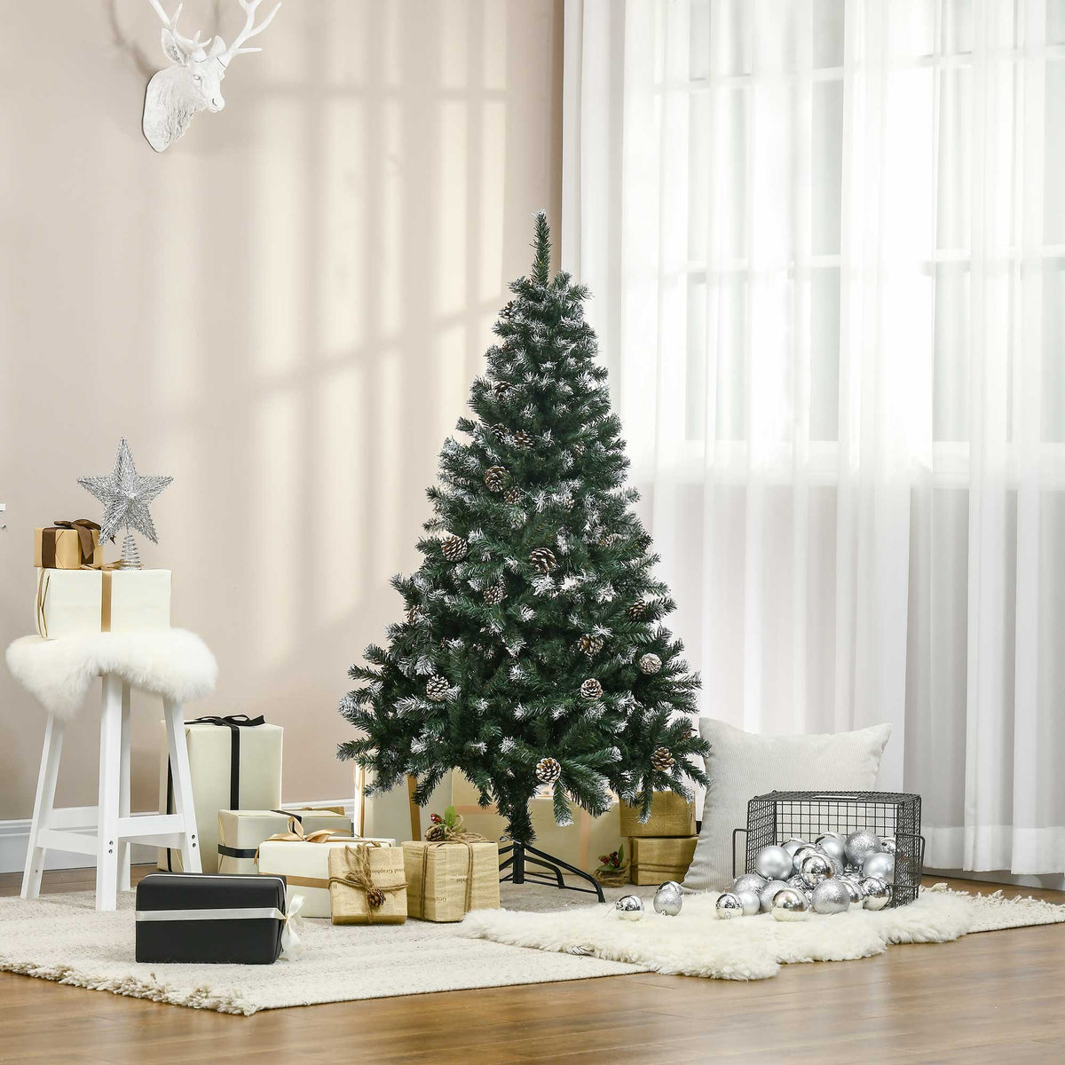  5FT Artificial Christmas Tree with Pine Cones, Holiday Home Xmas Decoration Automatic Open, Green