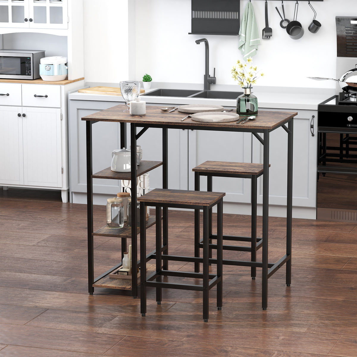  Industrial Bar Height Dining Table Set With 2 Stools & Side Shelf, 3 Pieces Coffee Table for Dining Room, Kitchen, Dinette