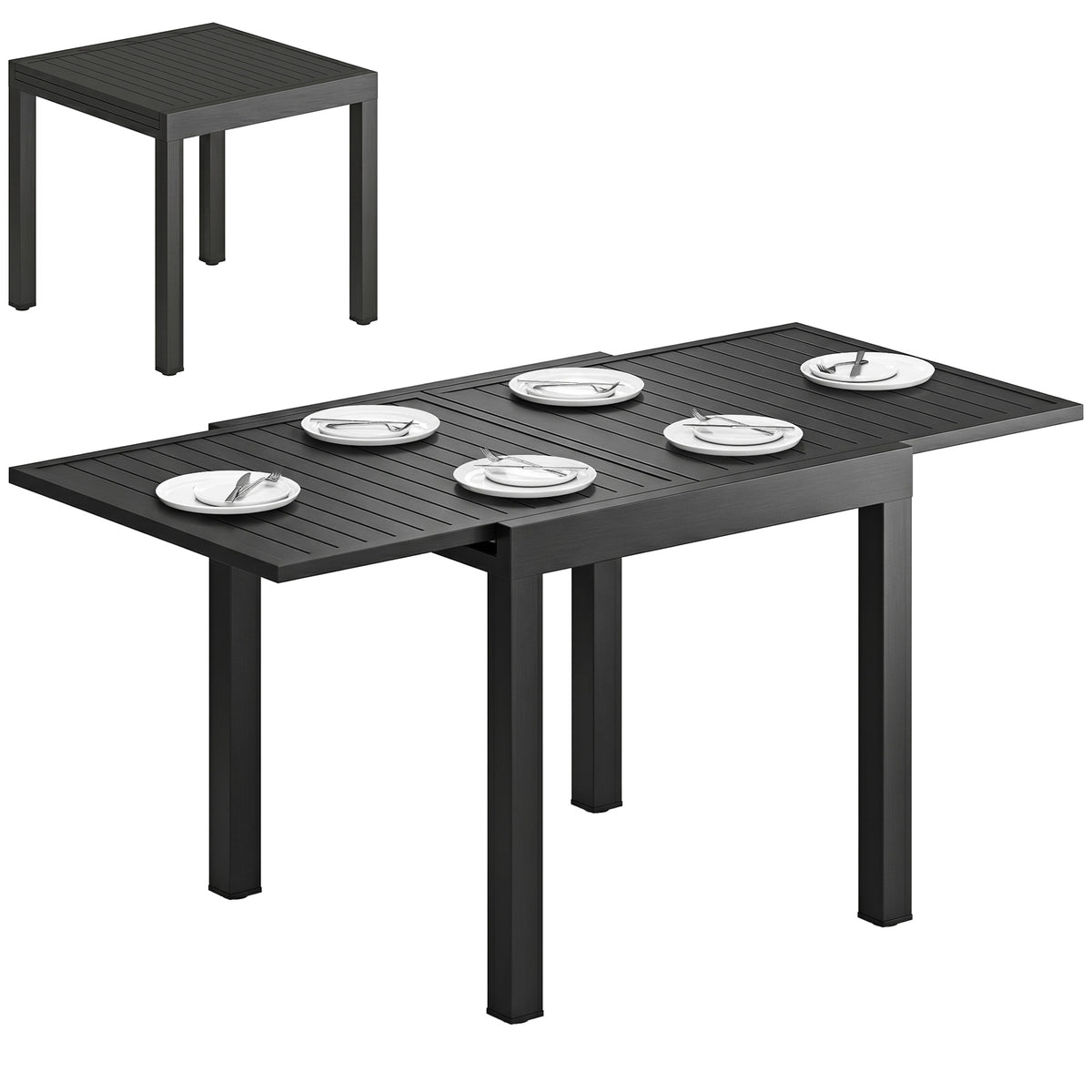 Gartentisch Ausziehbarer 80/160 x 80 cm Aluminium Esstisch für 4-6 Personen, Rechteckig mit Lamellenplatte