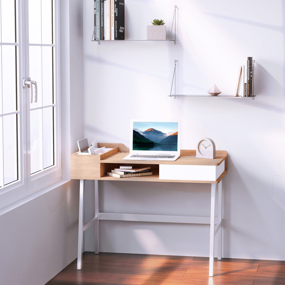  Computer Desk, Writing Desk, Study Workstation with Drawer, Storage Compartments, Cable Management, Laptop Table, Metal Frame, 100 x 55 x 81.5cm, Oak and White