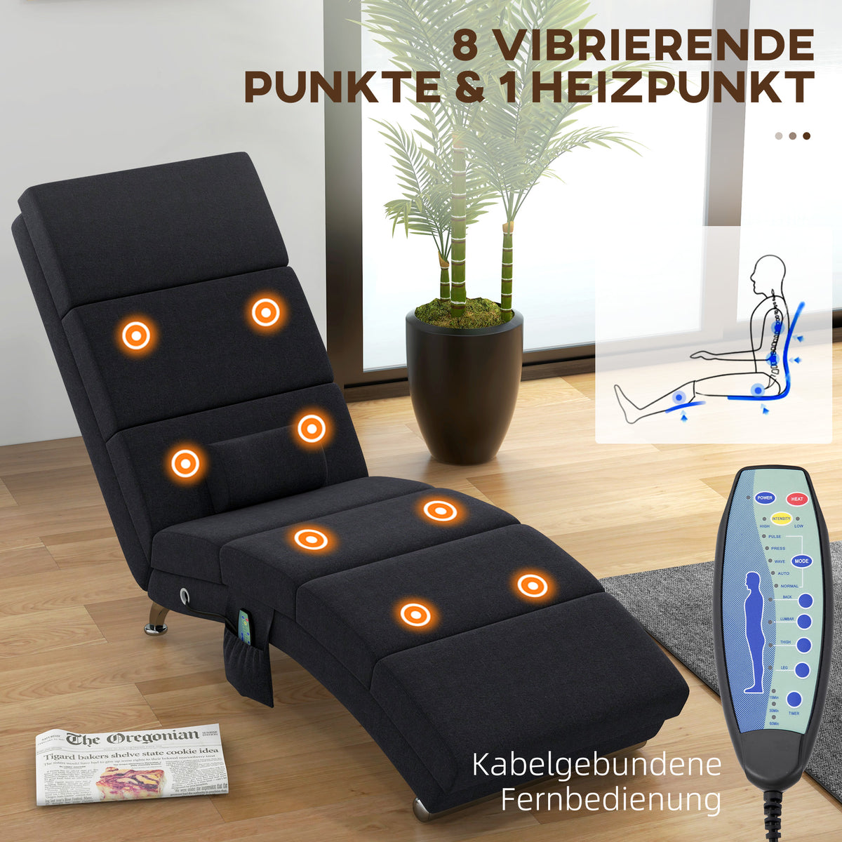 Massagesessel, Relaxsessel, Liegesessel mit 8 Vibrationspunkten, 5 Modi, 56 x 168 x 84 cm, Schwarz