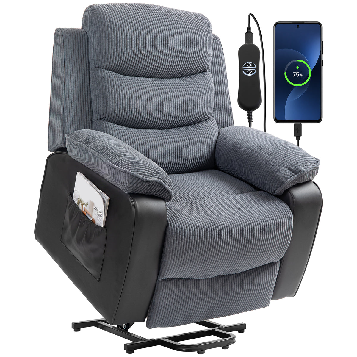 Aufstehsessel mit weichem Cordbezug, Recliner-Sessel mit Fernbedienung und Seitentaschen, Dunkelgrau