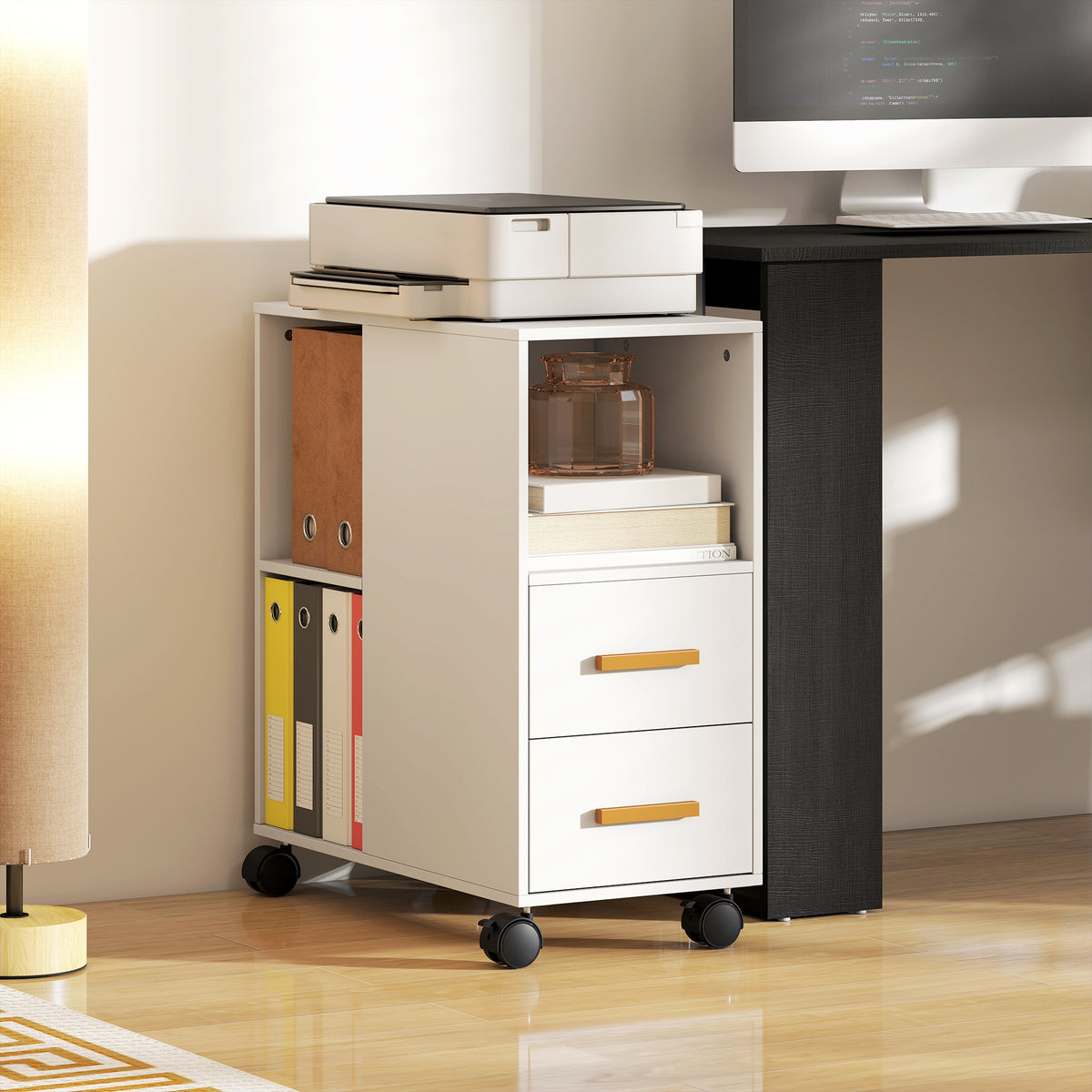 Druckerständer Druckertisch mit Verstellbar Ablage, Rollen für Fax Scanner 60 x 30 x 65 cm Weiß