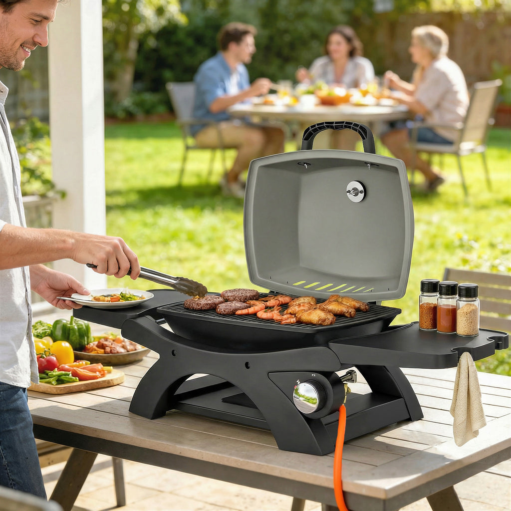 Gasgrill 3,3 KW Tischgrill mit 1 Brenner klappbar Seitentischen Gusseisen Grillroste herausnehmbar Fettauffangschale