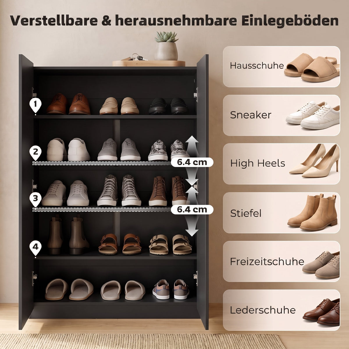 5-stufiger Schuhschrank für 20 Paar Schuhe, verstellbare Regale, für Eingangsbereich, Flur, Schwarz
