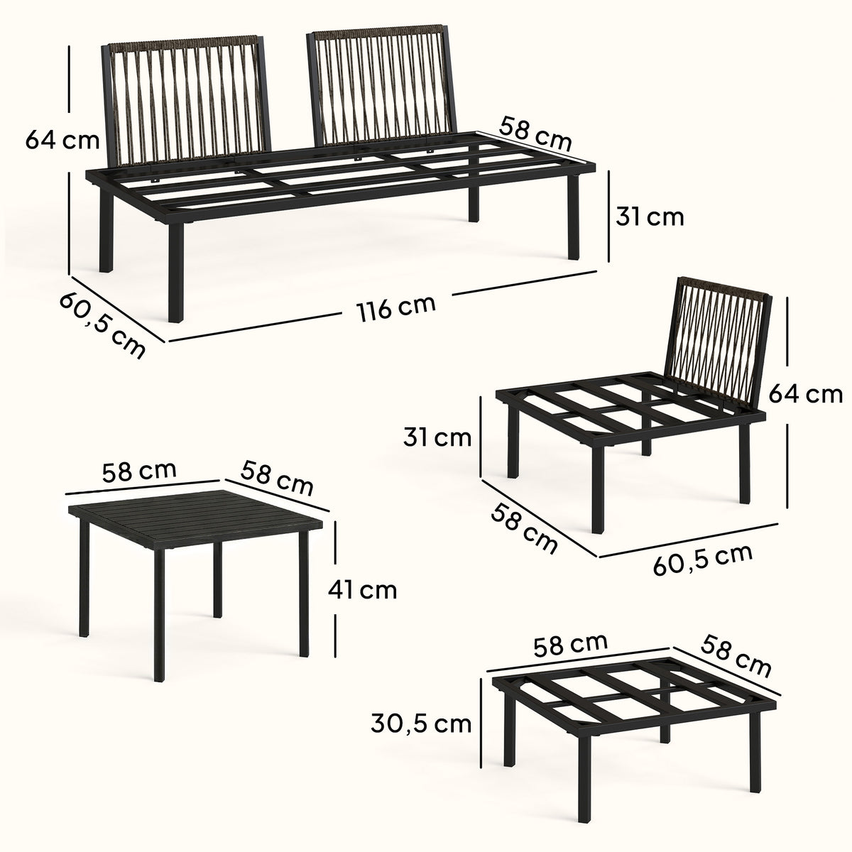 Lounge Gartenmöbel Set 5-6 Personen Gartenlounge Set mit 2 Sitzer Gartensofa 2 Stühle Eckstuhl Lamell-Tisch Fußhocker