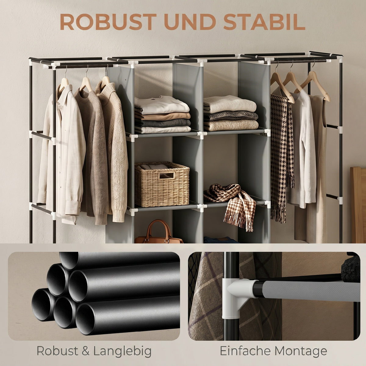 Kleiderschrank Stoffschrank, Türen, 2 Kleiderstangen, 10 Fächer, Grau