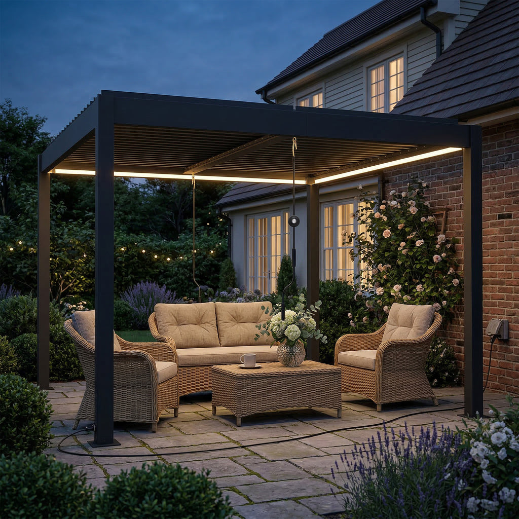 Pergola 3x3 m Aluminium Terrassenüberdachung mit LED-Beleuchtung Fernbedienung verstellbar Lamellendach