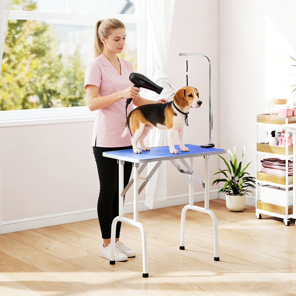 32" Foldable Dog Grooming Table Pet Drying Beauty Table Adjustable Fixed Arm Rubber Top, Blue