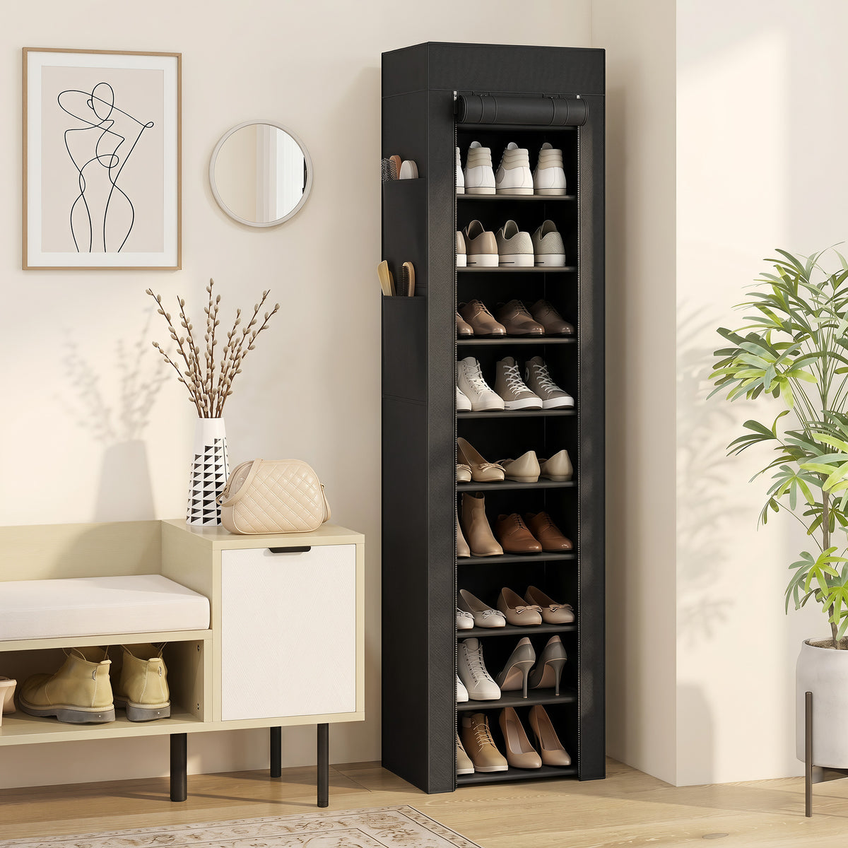 Schuhregal aus Metall mit staubdichtem Stoffbezug, für bis zu 20 Paar Schuhe, 45 x 30 x 175 cm, Schwarz
