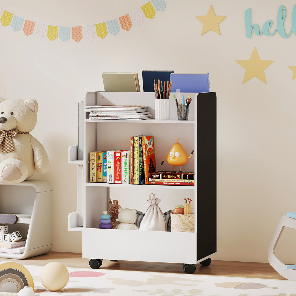 Kinder Bücherregal mit 4 Regalen, Bodenfach, 2 Seitenteile, Tafel, Rollen, für 3–8 Jahre, 66,5x32,5x86,5 cm Weiß