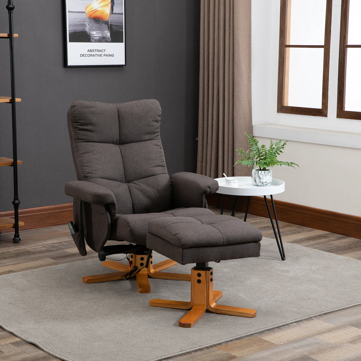Relaxsessel mit Hocker, 360°drehbarer Fernsehsessel mit Massage, Liegefunktion, Massagesessel mit Seitentasche, TV-Sessel, Polyester für Wohnzimmer Braun