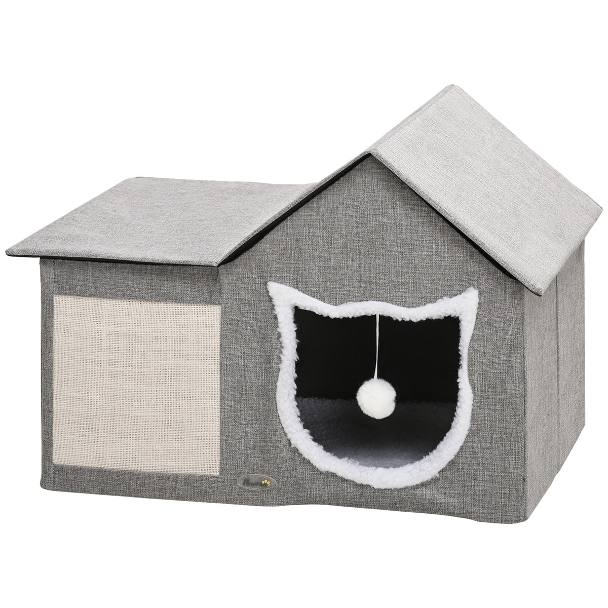 Katzenhaus mit Kratzfläche, inkl. Spielball, Katzenhöhle, 65 cm x 41 cm x 45.5H cm, Braun + Weiß + Beige