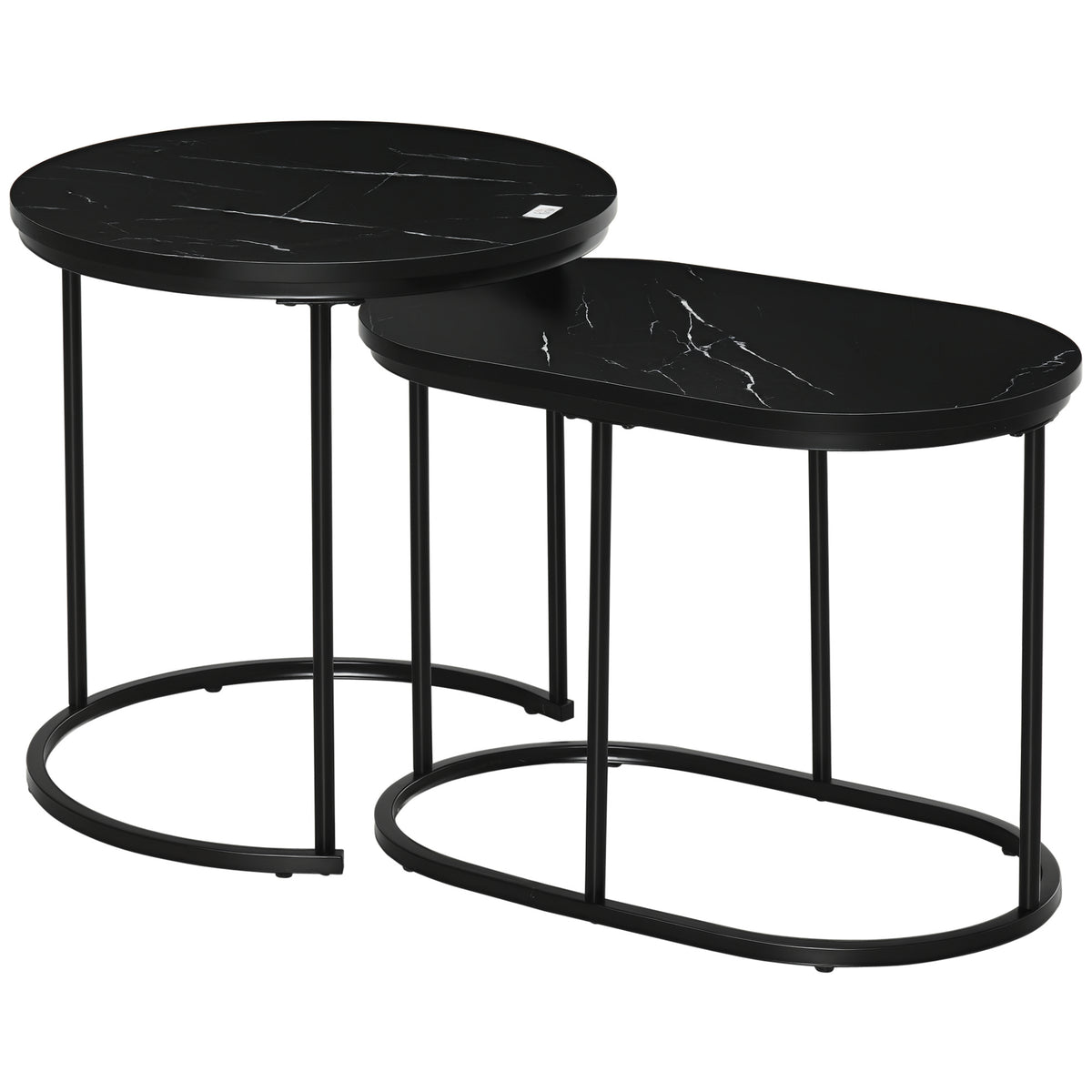 Nest of Tables with Steel Frame and Faux Marble Tabletop, Modern Coffee Table Set of 2, Black/White