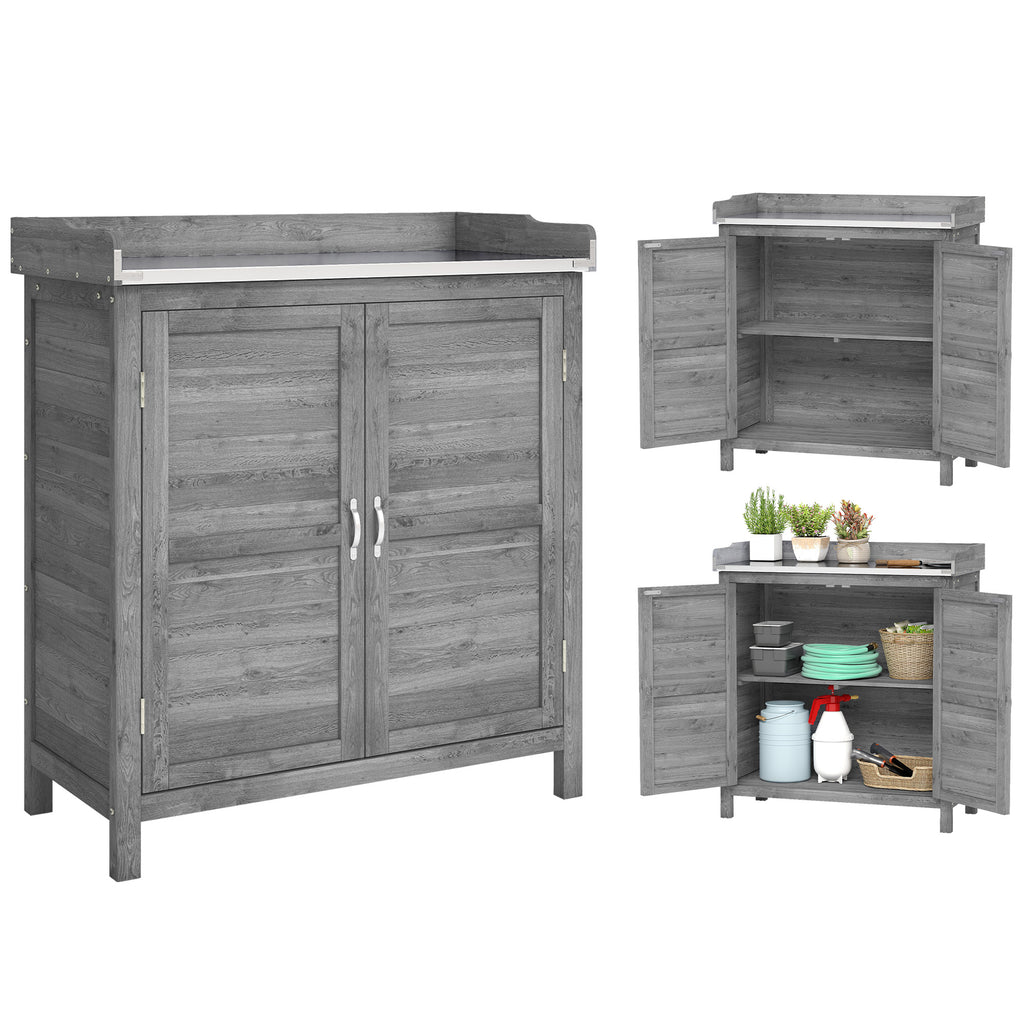 Gartenschrank mit Pflanztisch, Holz Geräteschuppen mit verzinkter Arbeitsplatte 2 Regalböden Grau