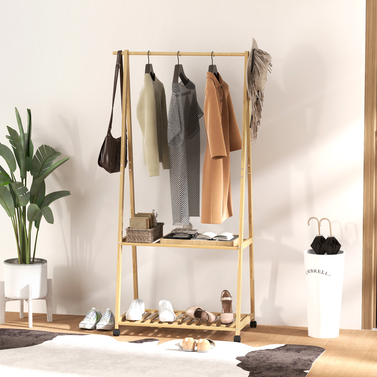 Bamboo Clothes Rack, with Shelves and Hooks - Natural Finish