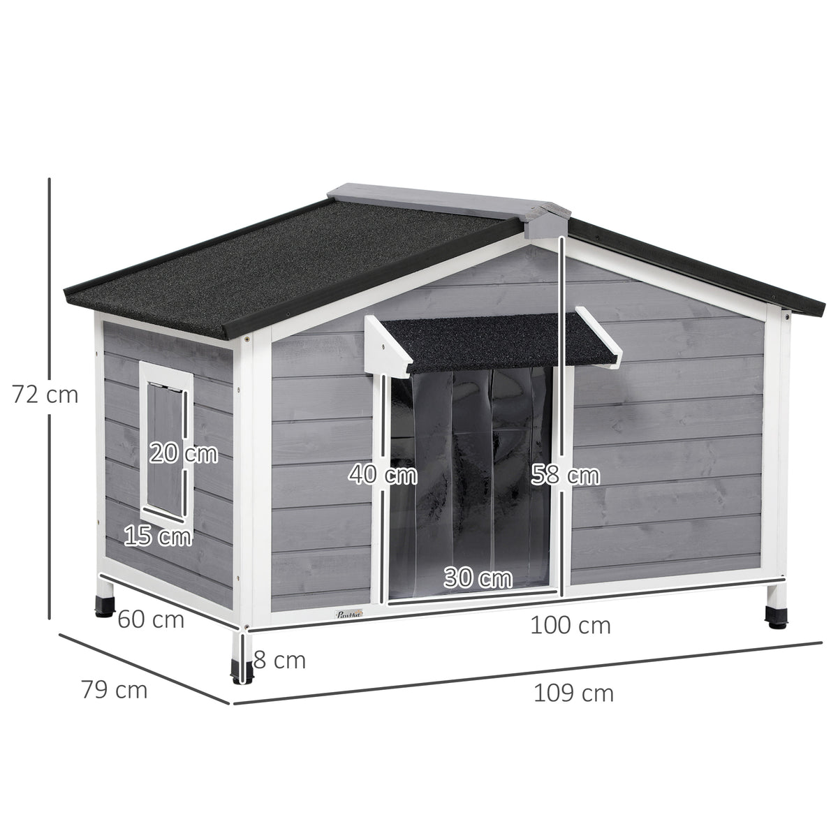 Wooden Dog Kennel for Outside, for Medium Dogs, 72H x 109L x 79Wcm, Grey
