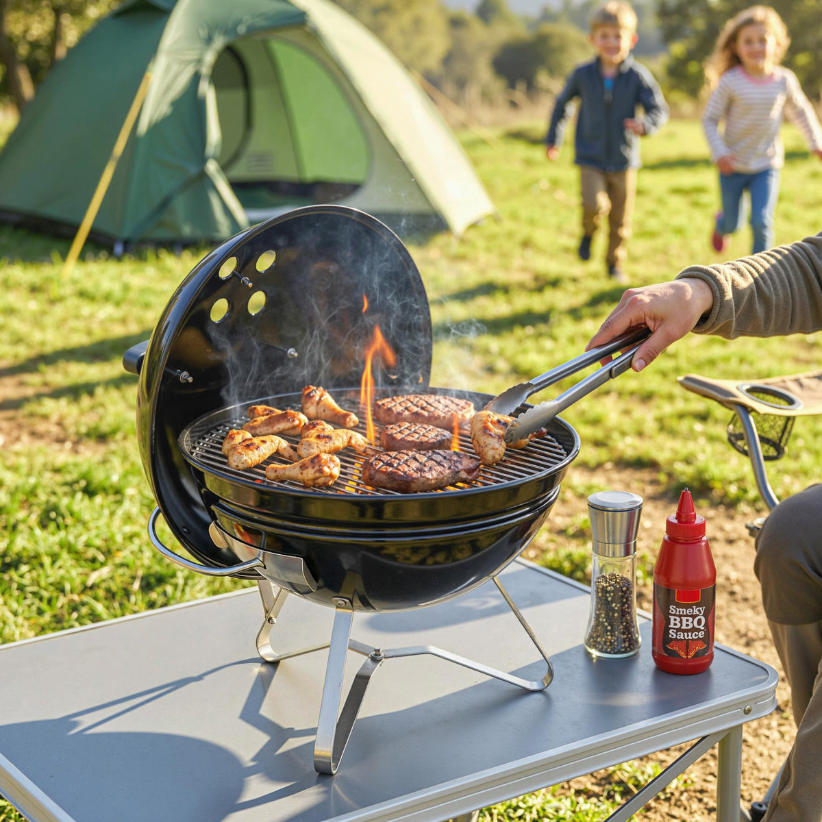 Holzkohlegrill Tragbarer Kugelgrill mit Deckel Griff verstellbaren Lüftungsschlitzen für Barbeque 41x41x44 cm Schwarz