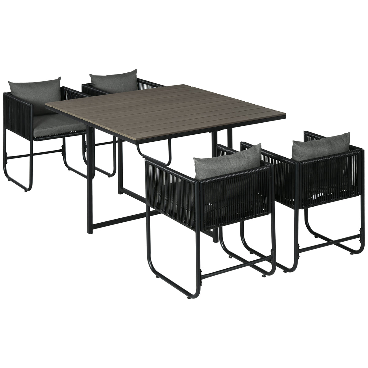 Outdoor Essgruppe, Gartengarnitur, 5-teilig, Polyrattan, Sitzkissen, wetterfest, Schwarz/Grau