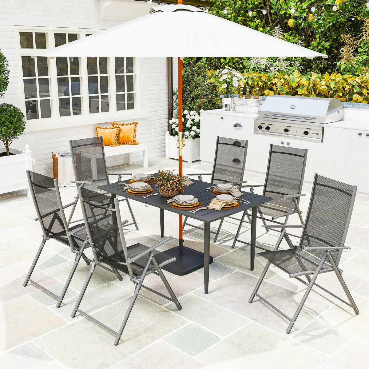 Gartentisch 150x90cm, Wetterfest Balkontisch aus Stahl, Balkontisch mit Schirmloch Schwarz