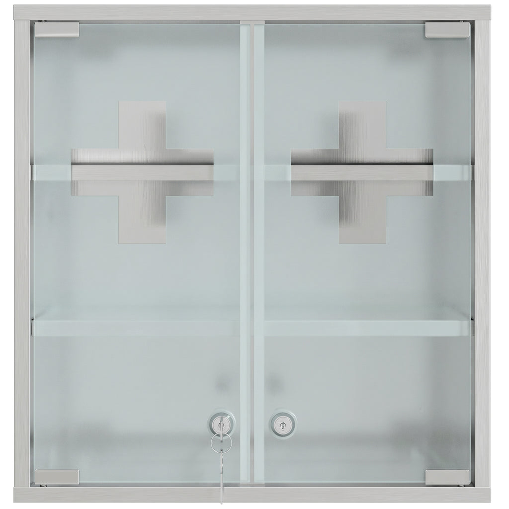 Medizinschrank, Abschließbarer Medikamentenschrank mit 2 Schlüsseln, Glastür und 6 Regalen, 48 x 46 x 12 cm, Silber