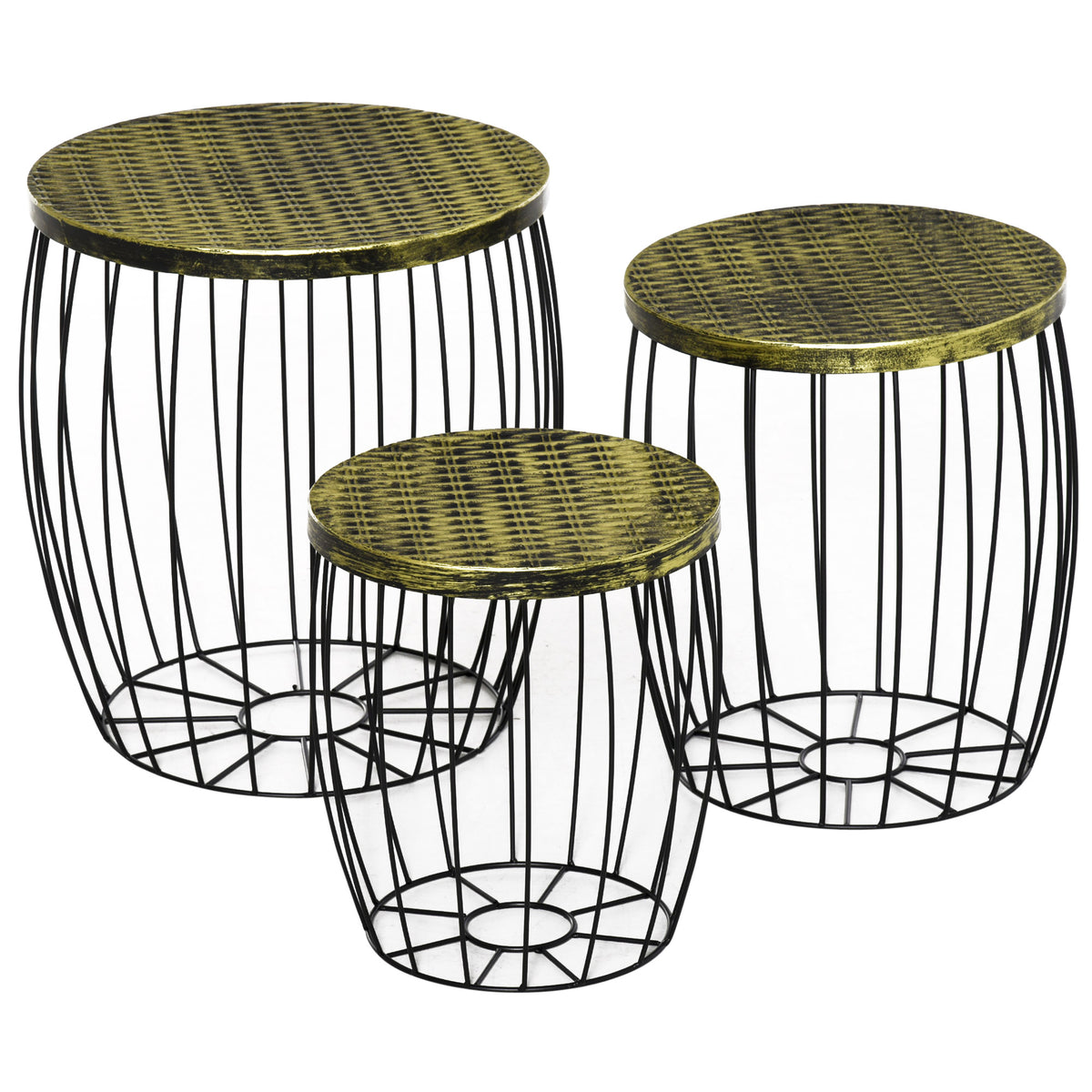  3er-Set Couchtische Beistelltische Gartentisch Retro Metallkorb Drahtkorb Garten Satztisch Gartenmöbel Outdoor Balkon Metall Natur+Schwarz 3 Größen