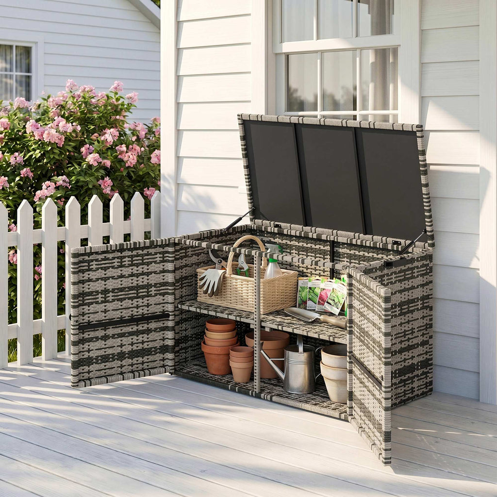 Rattan Auflagenbox 350L 2-Ebenne Kissenbox mit Deckel Hebestangen Tragegriffe 118 x 57 x 69 cm Mischgrau