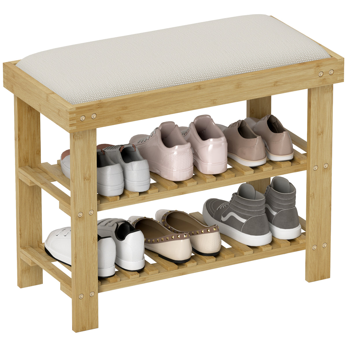 Schuhbank mit Sitzfläche, Bambus Sitzbank mit Stauraum, 2 offene Fächer, Sitzbank 60 x 29 x 49 cm Cremeweiß