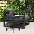 Gartentisch Boho-Stil Outdoor Beistelltisch, PE-Rattan, geh?rtetes Glas, wetterbest?ndig, 50?cm x 50?cm x 50?cm, Schwarz