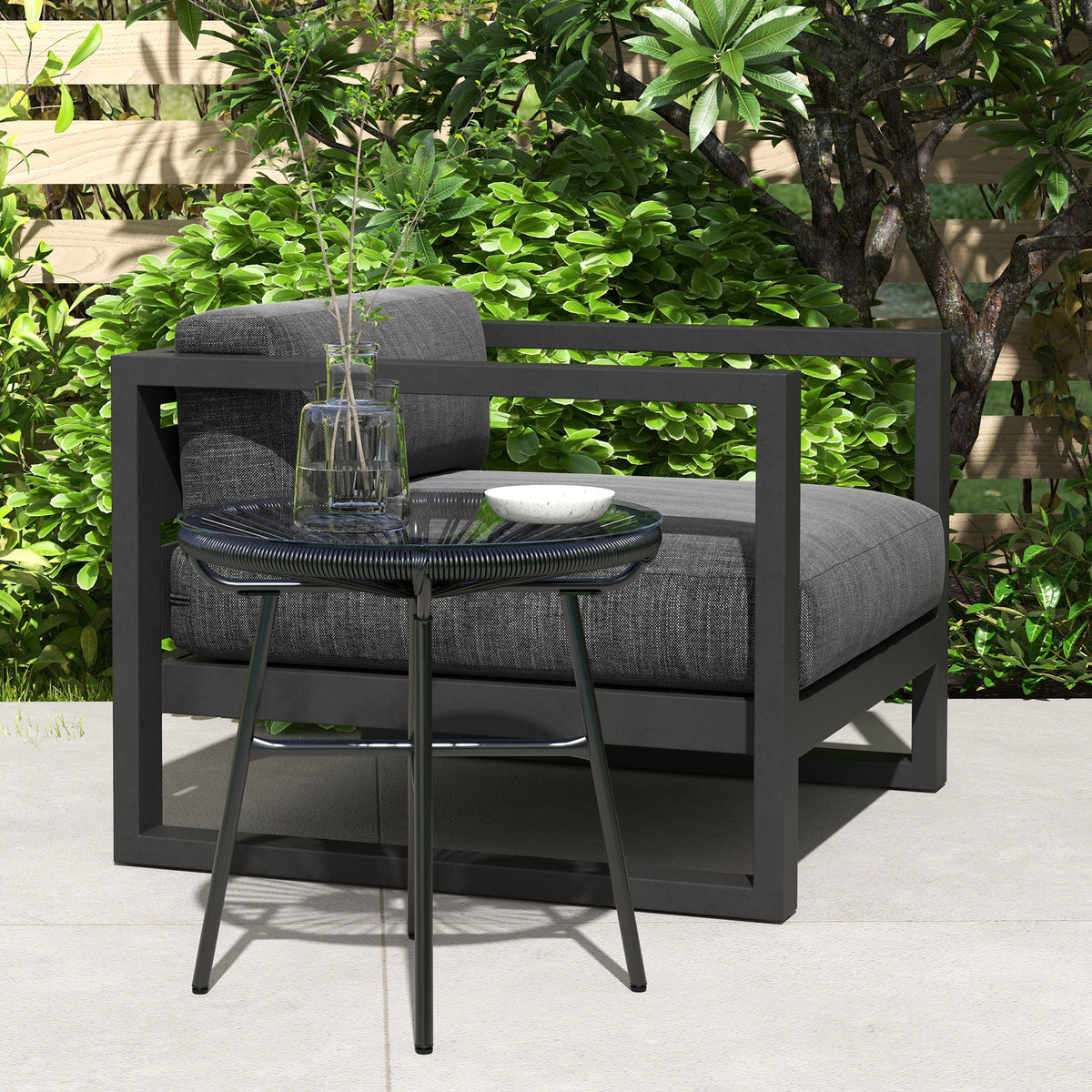 Gartentisch Boho-Stil Outdoor Beistelltisch, PE-Rattan, geh?rtetes Glas, wetterbest?ndig, 50?cm x 50?cm x 50?cm, Schwarz