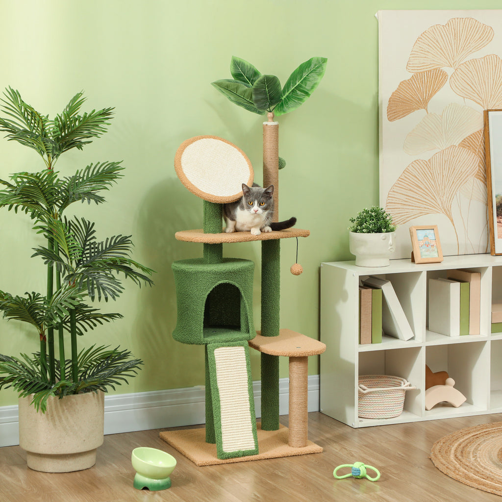 Kratzbaum, 139 cm Katzenbaum mit Höhle, Spielbällen, Sisal-Kratzpfosten und Plattformen, für zwei Katzen, Grün