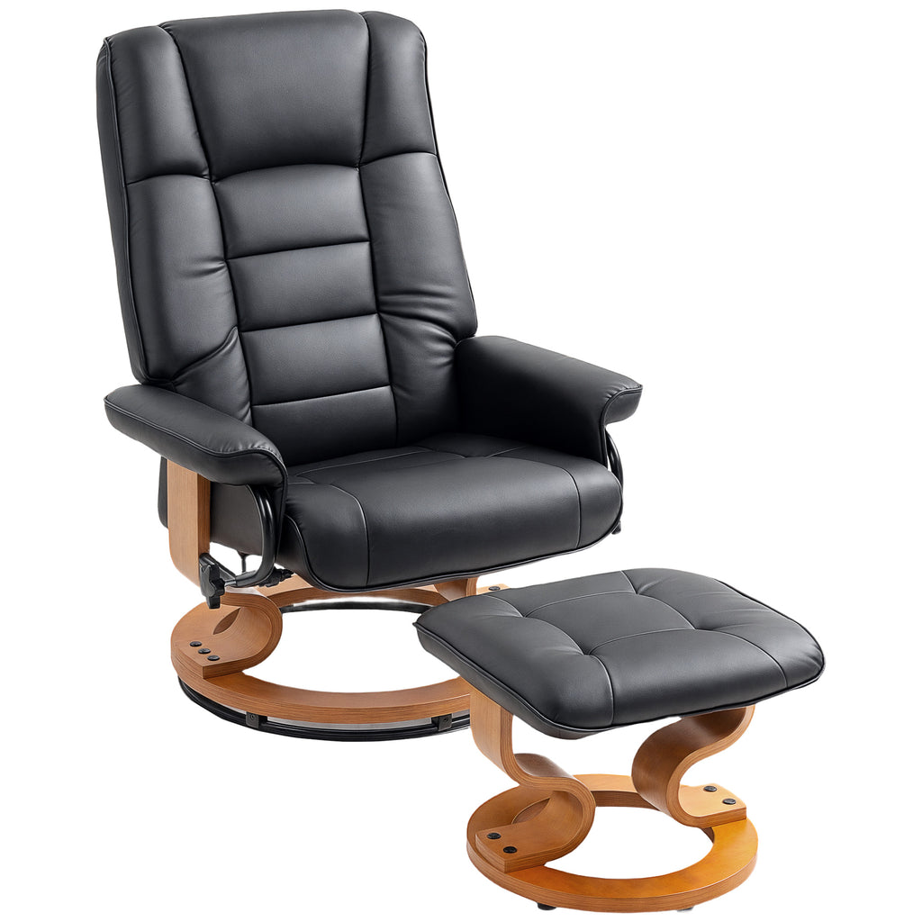 Relaxsessel mit Hocker, drehbar & neigbar, Kunstlederbezug, bis 150 kg, Holzgestell, Schwarz