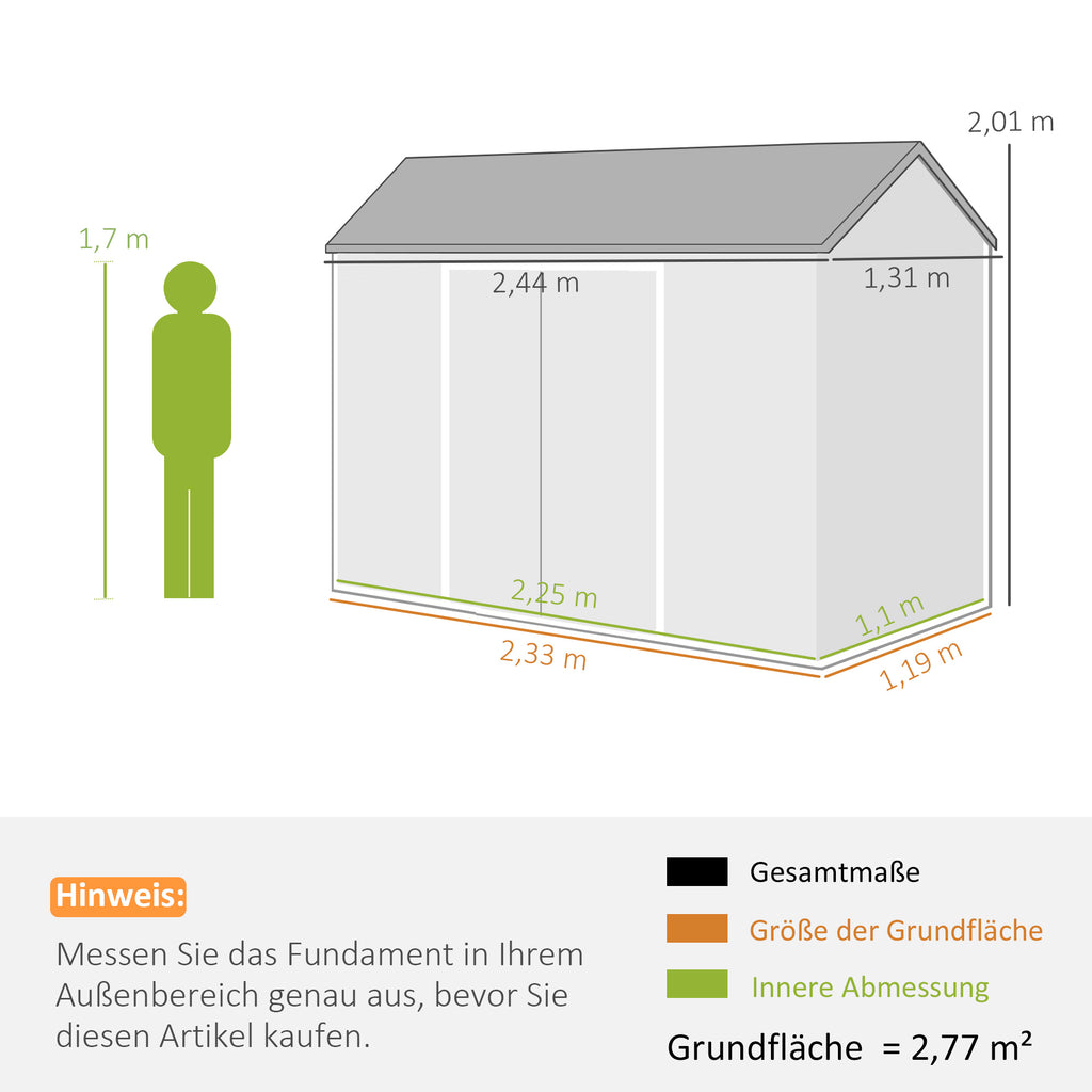 Gerätehaus 2,77 m², Geräteschuppen mit Holzoptik 2 Fenster Doppeltür Belüftung Boden Schloss Handschuhe