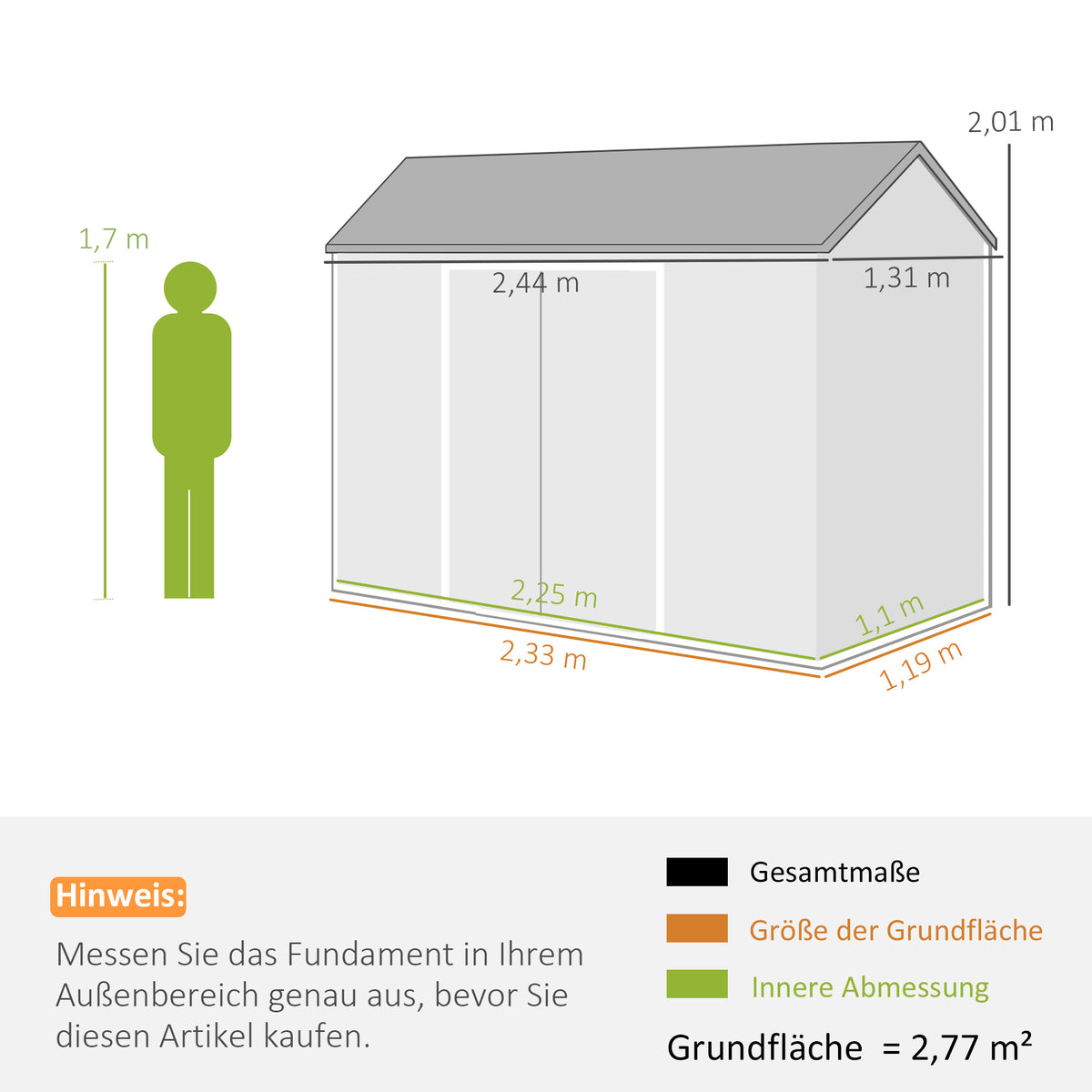 Gerätehaus 2,77 m², Geräteschuppen mit Holzoptik 2 Fenster Doppeltür Belüftung Boden Schloss Handschuhe