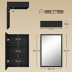 Spiegelschrank, Badschrank, 3 Regalfächer, Edelstahl, 40x12x60cm, Schwarz