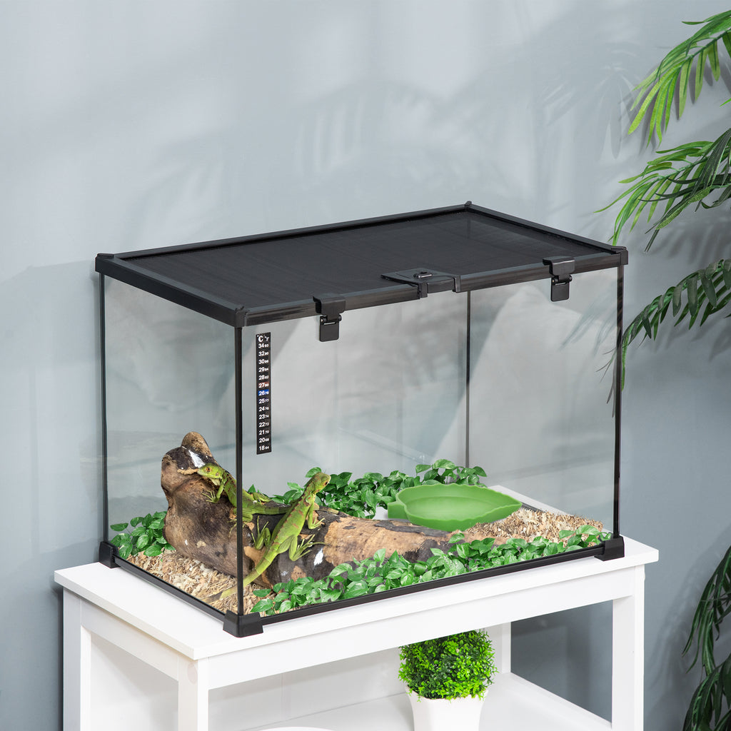 Glass Reptile Terrarium Insect Breeding Tank Vivarium Habitats with Thermometer for Lizards, Horned Frogs, Snakes, Spiders - Large 50 x 30 x 35cm