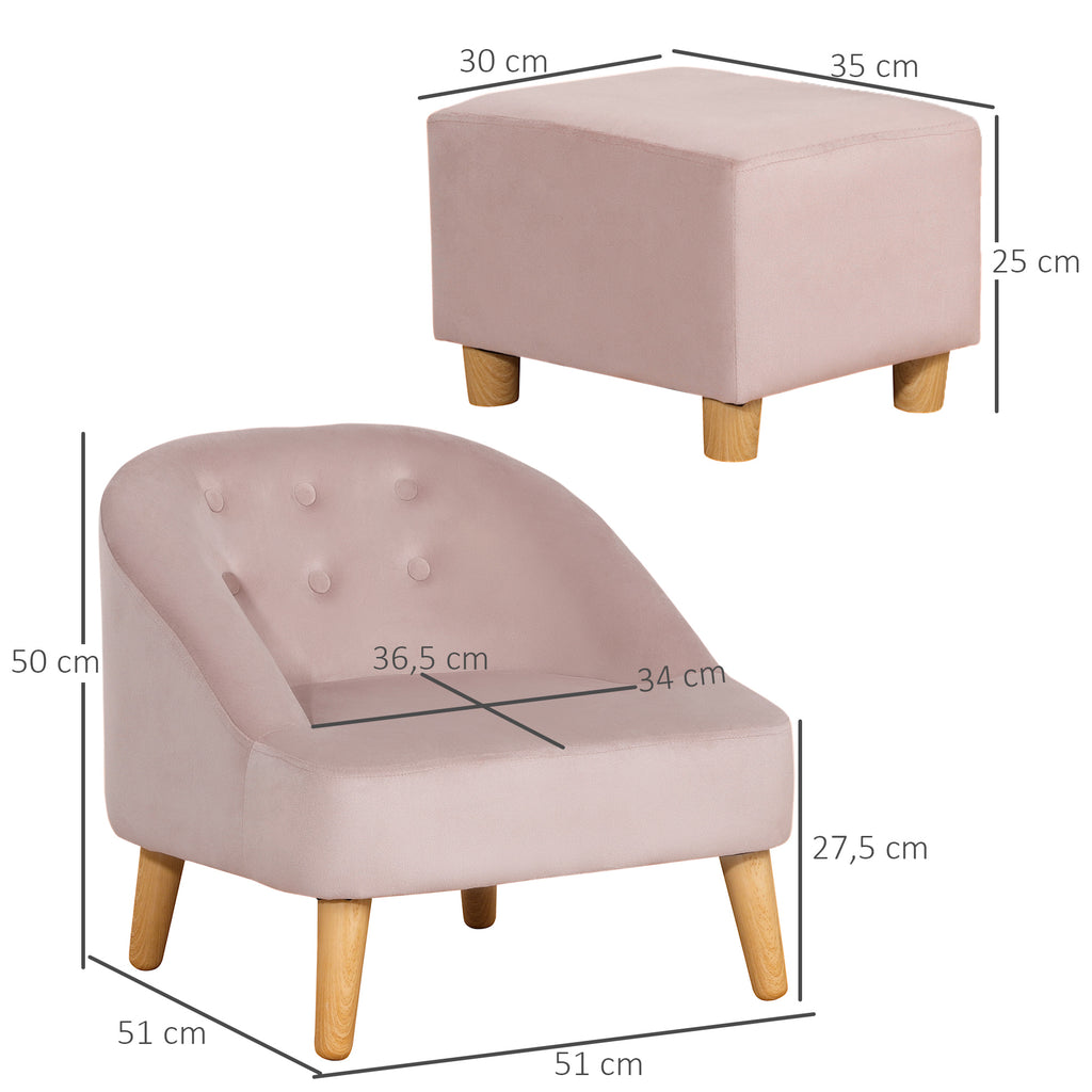 Kindersessel mit Ottomane f¨¹r Kinder von 3 bis 5 Jahren Niedliches Design Samtoptik 51 cm x 51 cm x 50 cm Rosa