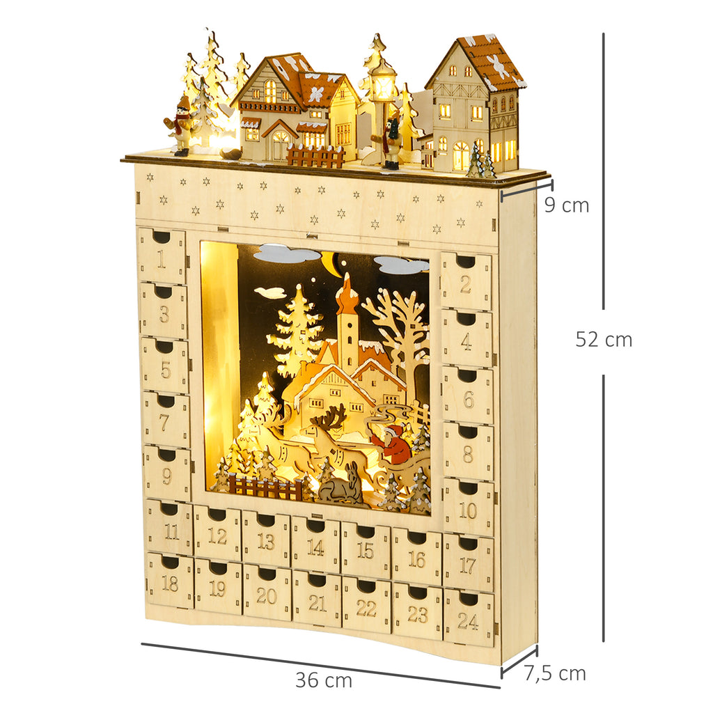 Adventskalender zum Befüllen 24 Schubladen Fächer Weihnachtskalender mit LED-Lichtern Naturholz 36 x 9 x 52 cm