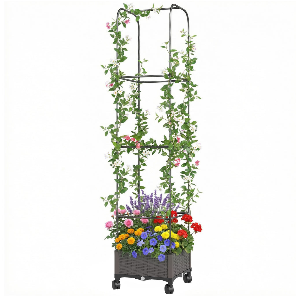 Hochbeet mit Rankgitter mobiler Blumenkasten mit Rolle Abflussloch, Pflanzkasten 40 x 40 x 185 cm