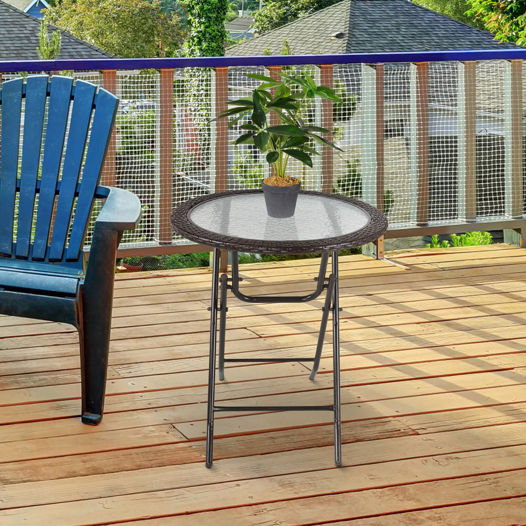 Folding Rattan Garden Dining Table, 68 cm Round Rattan Garden Table with Water Ripple Tempered Glass Top, Wicker Edging  and Steel Frame for Outdoor, Patio, Brown